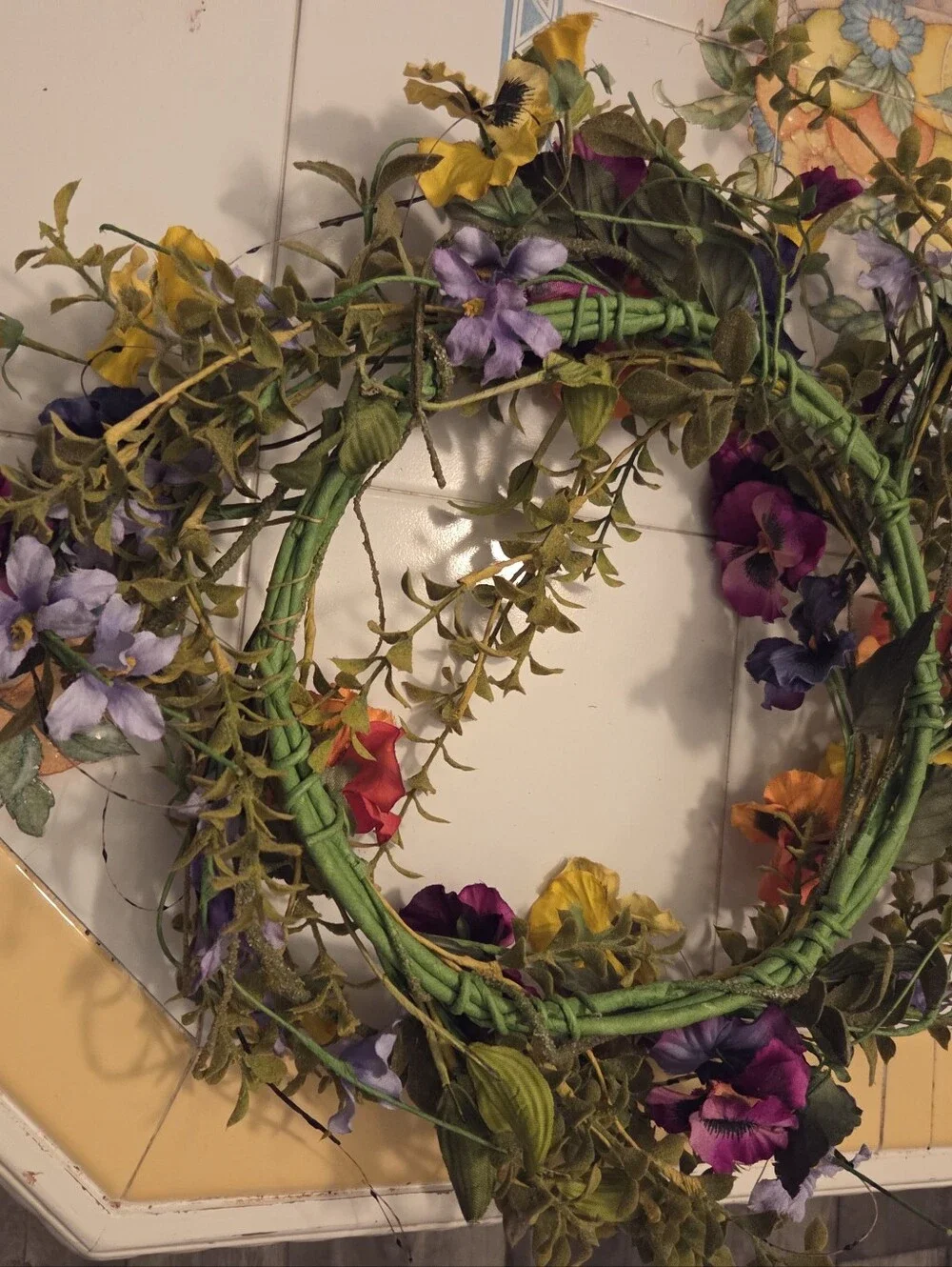 Artificial Pansy Wreath in Purple, Yellow, Orange - Home Accents